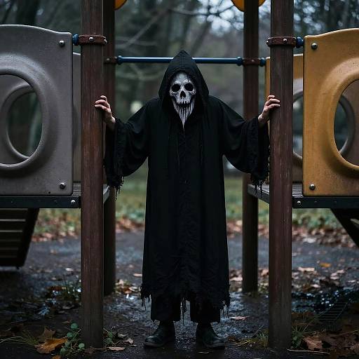 Photograph of a person in a black, tattered robe with a skull mask, standing in a rain-soaked, forested playground, gripping metal