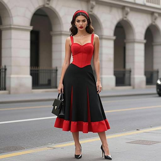 Woman in Red and Black Vintage Dress on City Street