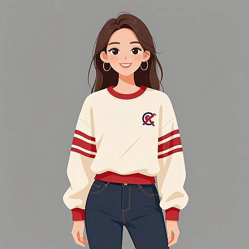 Digital illustration of a smiling young woman with long brown hair, wearing a white sweater with red stripes, logo, and blue jeans. She has hoop earrings