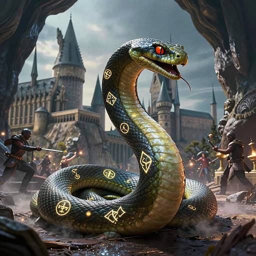 Digital artwork of a glowing, red-eyed snake with magical runes, coiled in a dark cave entrance, surrounded by medieval warriors and Hogwarts castle in the