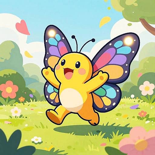 Cute, cartoon yellow butterfly with colorful wings joyfully jumps in a bright, sunny meadow filled with flowers and trees. Digital art.