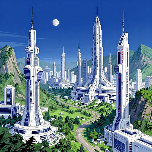 Digital artwork of a futuristic cityscape with towering white skyscrapers, lush green mountains, winding roads, and a bright full moon in a clear blue