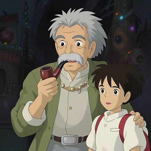 Digital anime-style illustration of an elderly man with white hair, mustache, green jacket, and necklace, smoking a pipe, standing next to a young
