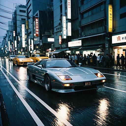 Futuristic Sports Car Racing in Tokyo Rain