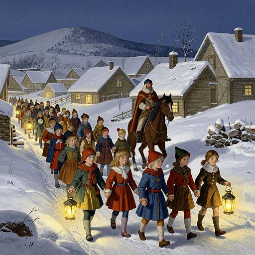Digital illustration of a snowy village at night, children in colorful medieval clothes holding lanterns, led by a man on horseback. Warm-lit wooden