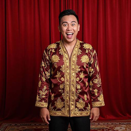 Photograph of a smiling Asian man with short black hair, wearing an ornate red and gold embroidered shirt, standing against a red curtain backdrop.