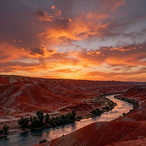 Photograph of a dramatic sunset over red desert hills, with a winding river reflecting vibrant orange and purple clouds.