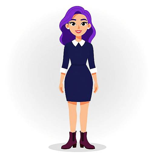 Digital cartoon of a smiling woman with purple hair, wearing a navy dress, white collar, black sleeves, brown ankle boots, and standing against a white