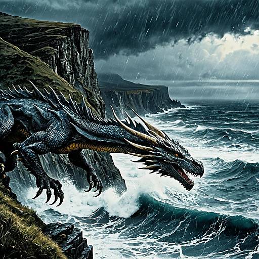 Dragon Over Stormy Ocean Cliff
