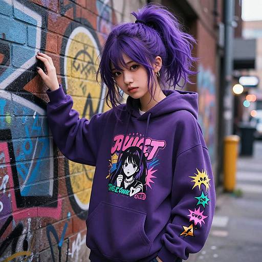 Photograph of a young woman with purple hair in a high ponytail, wearing a purple 