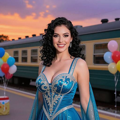 Photograph of a smiling woman with curly black hair in a blue, sparkly, low-cut dress, standing at a train station with colorful balloons and