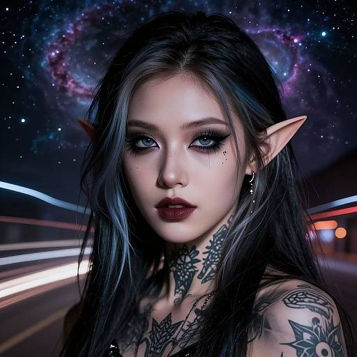 Digital artwork of a tattooed, pale-skinned elf woman with long black hair, pointed ears, dark lipstick, and starry night background.
