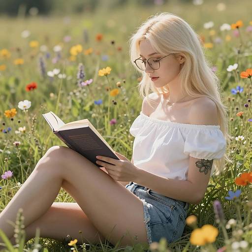 Young Woman Reading in Wildflower Meadow