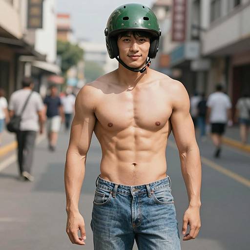 Muscular Shirtless Man Wearing Helmet in Urban Street