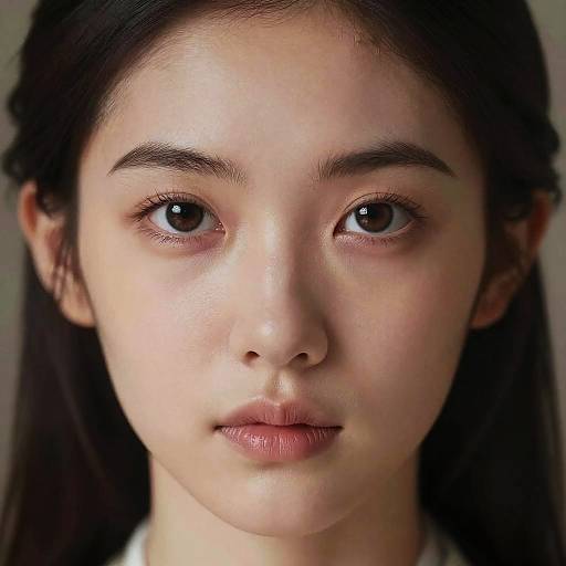 Photograph of a young Asian woman with fair skin, large dark eyes, straight black hair, and natural makeup, looking directly at the camera with a