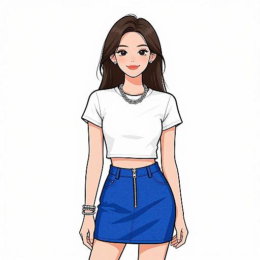 Digital anime-style drawing of a young woman with long dark hair, wearing a white crop top, blue skirt, and bracelets, against a white background.