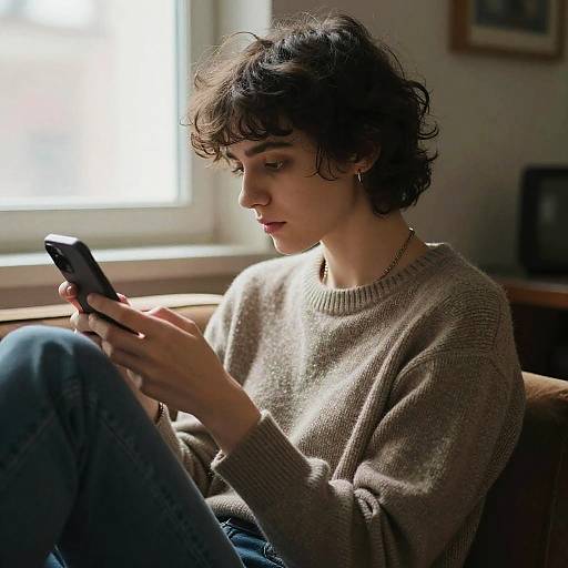 Photograph of a young woman with short, curly black hair, wearing a beige sweater and blue jeans, focused on her smartphone in a dimly lit
