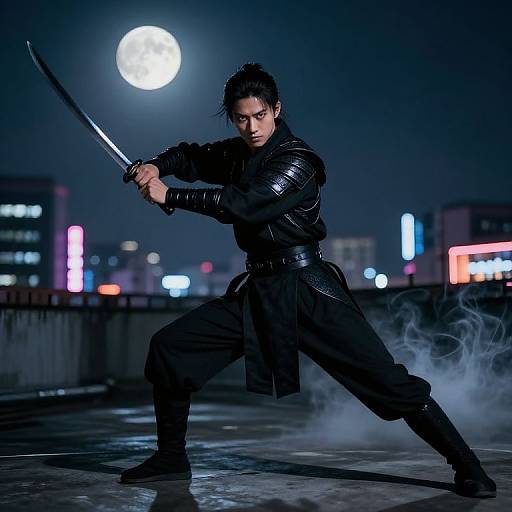 Photograph of a serious Asian man with black hair in a bun, wielding a katana, wearing black leather armor, standing in a dynamic pose under