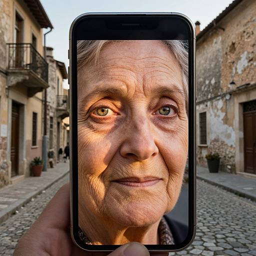 Photograph of an elderly woman with wrinkled skin and gray hair, captured through a smartphone screen in a cobblestone alleyway with old, weather