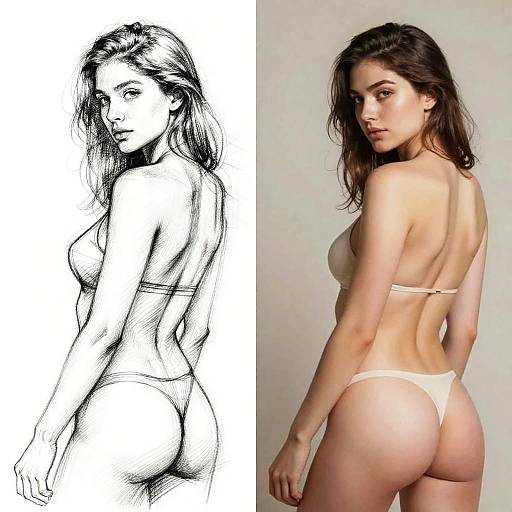Side-by-side comparison: left, black-and-white sketch of a woman in bikini; right, color photograph of the same woman in beige thong bikini