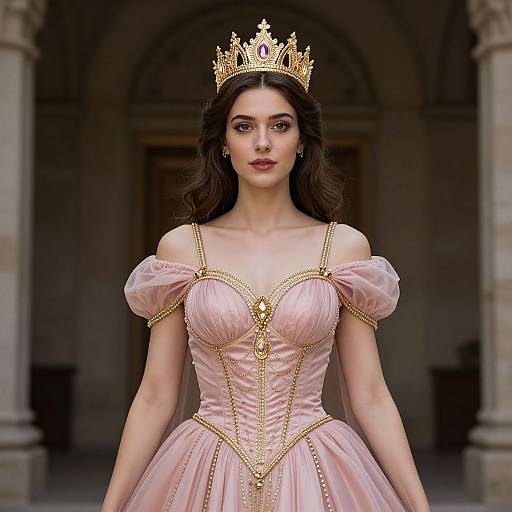 Digital illustration of a fair-skinned woman with dark hair, wearing a pink off-shoulder gown with gold trim, and a gold crown, standing
