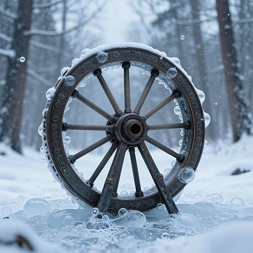 Photograph of a snow-covered, rustic wooden wagon wheel with water droplets, centered in a snowy forest with blurred trees in the background.