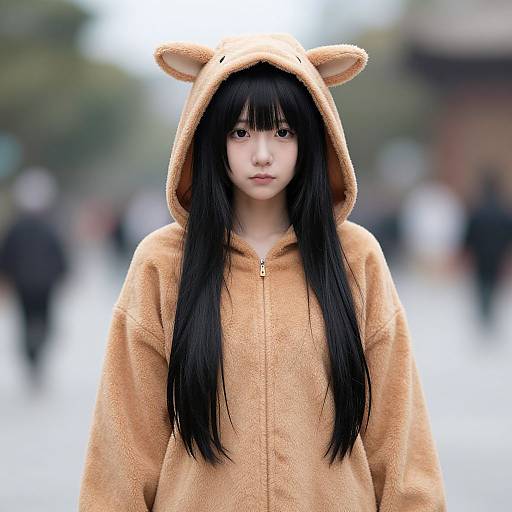 Photograph of an Asian woman with long black hair, wearing a tan bear-eared hoodie, standing in a blurred urban background.