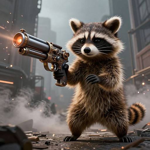 CGI image of an anthropomorphic raccoon with a revolver, standing in a smoky, urban street, holding the gun and looking fierce.