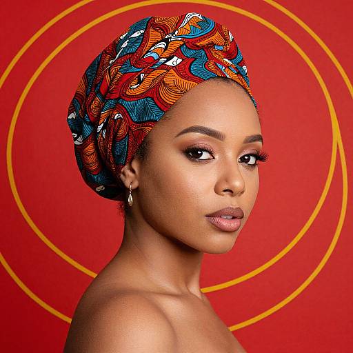 Photograph of a beautiful Black woman with dark skin, wearing a colorful, patterned headwrap and gold hoop earrings, set against a vibrant red background