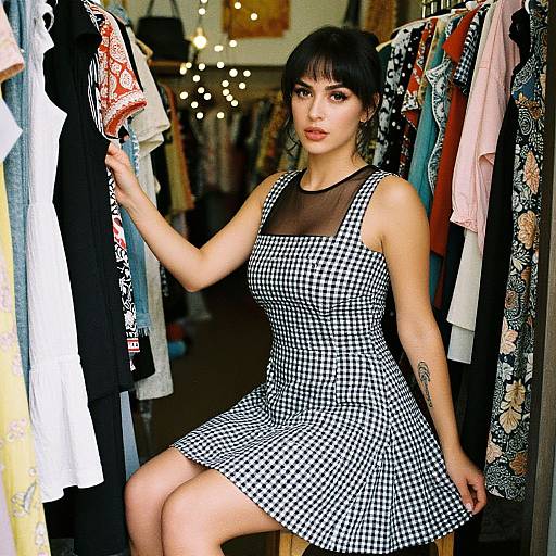 Photograph of a young woman with dark hair, wearing a black-and-white checkered dress, sitting in a clothing store, holding a garment. Background