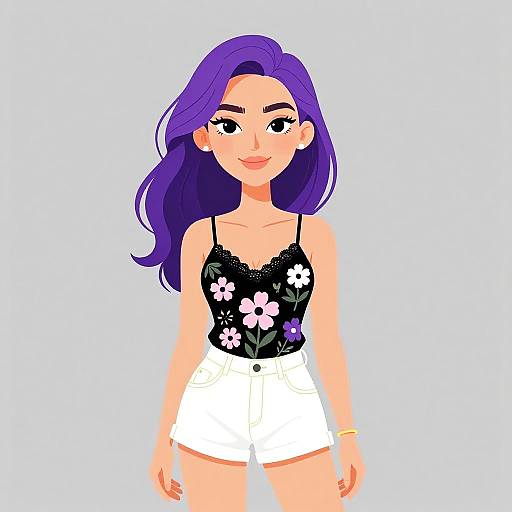 Digital illustration of a smiling woman with purple hair, wearing a black floral lace top and white high-waisted shorts, against a light blue background.