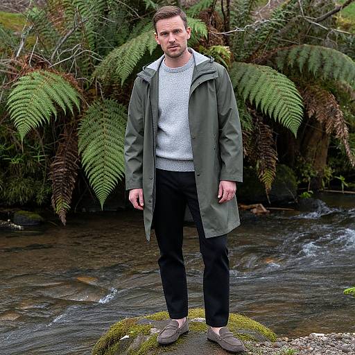 Photograph of a bearded man with short brown hair, wearing a green coat, white sweater, black pants, and gray shoes, standing on a