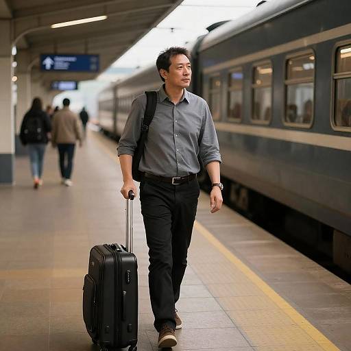 Man with Rolling Suitcase on Platform