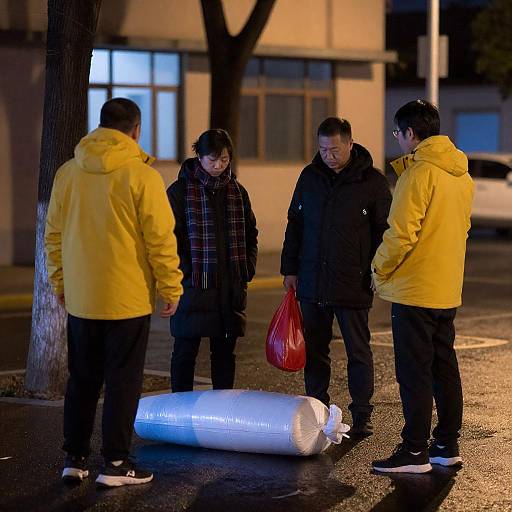 Nighttime street scene with group and wrapped object