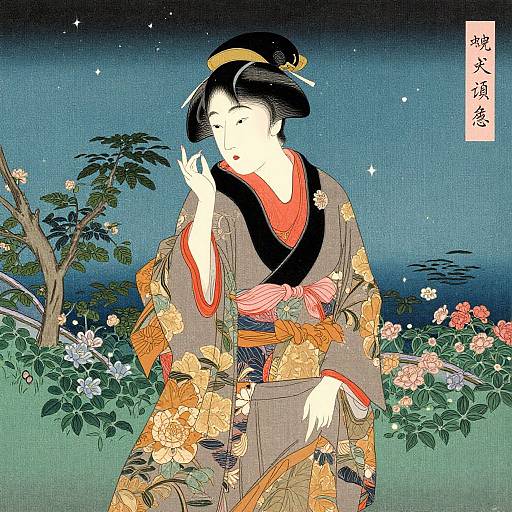 Ukiyo-e style woodblock print of a serene Japanese woman in a floral kimono, night sky background, hand near mouth, surrounded by flowers