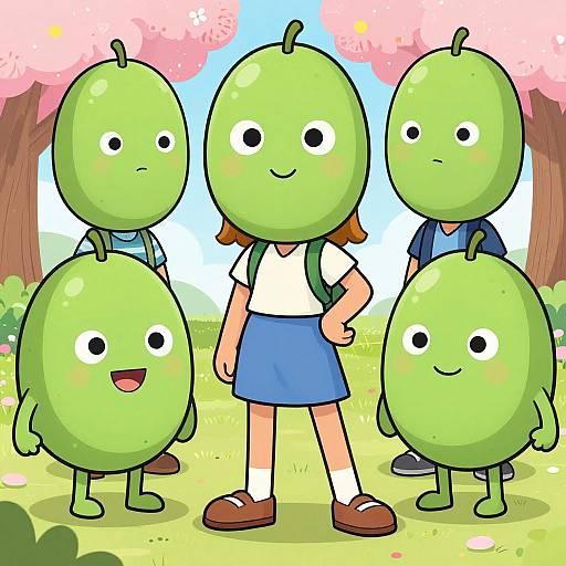 Cartoon-style digital drawing of five green, round-headed, humanoid characters with simple black eyes and smiles, standing in a sunny, cherry blossom-filled park