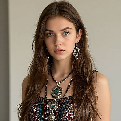 Photograph of a young woman with long brown hair, green eyes, wearing a colorful beaded top and intricate silver jewelry.