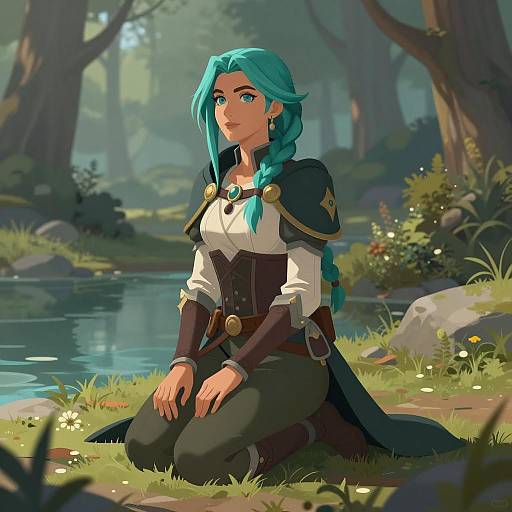 Teal-Haired Fantasy Woman Kneeling by Water