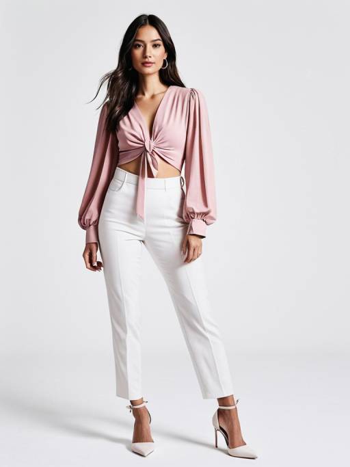 Woman in Pink Blouse and White Trousers