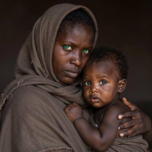 Mother and Baby with Green Eyes in Brown Cloak