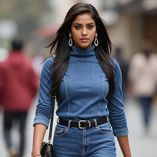 Photograph of a confident Indian woman with long black hair, wearing a blue denim turtleneck and matching high-waisted pants, black belt,