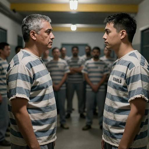 Confrontation in Dimly Lit Prison Yard