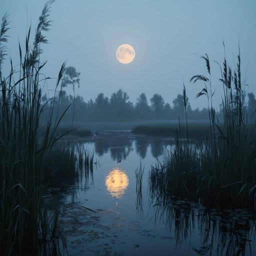 Misty Marshland with Moon Reflection at Dawn Misty Marshland with Moon Reflection at Dawn