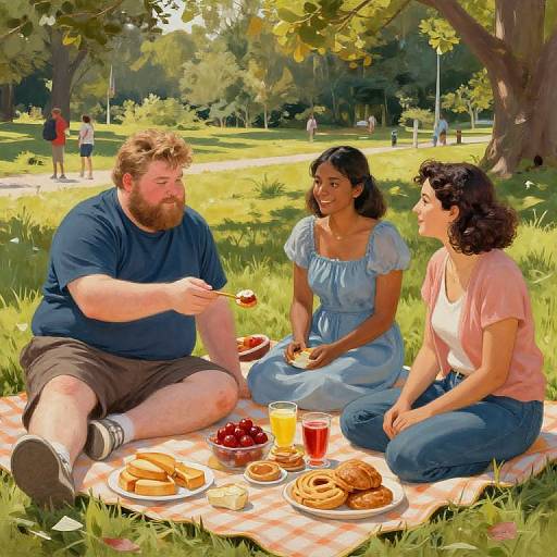 Digital painting of three friends having a picnic on a checkered blanket in a sunny park, with food, drinks, and trees in the background.