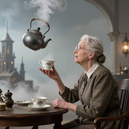 Photograph: Elderly woman with gray hair and glasses, wearing a brown suit, pours steamy tea from a black kettle into a white teac