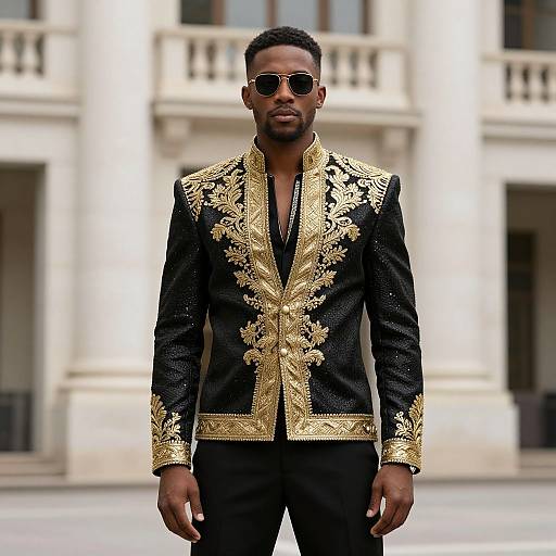 Photograph of a confident Black man with short hair, beard, and sunglasses, wearing an elaborate black jacket with gold embroidery, standing in front of a