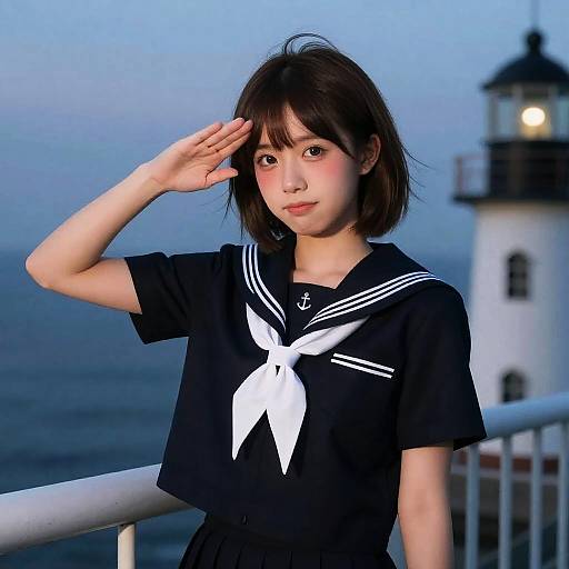 Girl in Japanese Sailor School Uniform Saluting Near Lighthouse