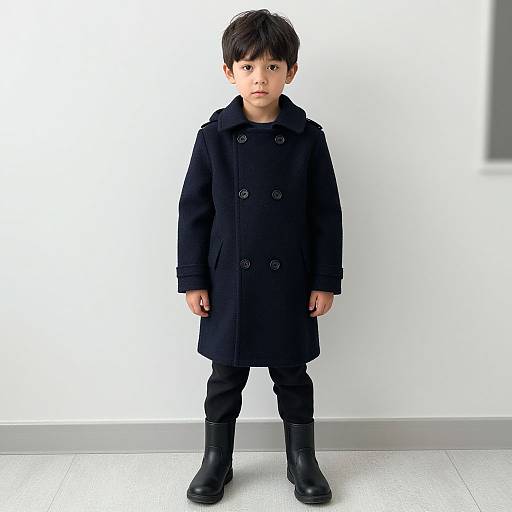 Photograph of a young Asian boy with short black hair, wearing a black coat, black pants, and black boots, standing against a plain white wall