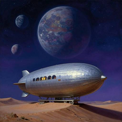 Photograph-style digital artwork of a silver, airship-like spacecraft on a desert dune with three colorful, ringed planets in a starry night