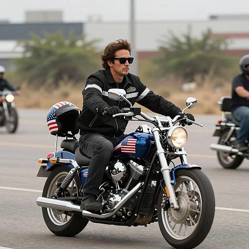 Man Riding Chrome Motorcycle with Flag